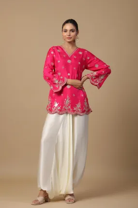 Hot Pink Embellished Satin Silk Tunic & Afghani Pants Set