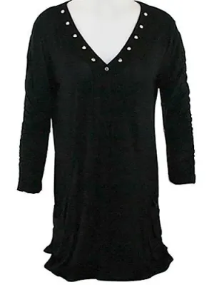 Impulse California - Rhinestone Embellished, V-Neck Tunic Top on a 3/4 Sleeve Body