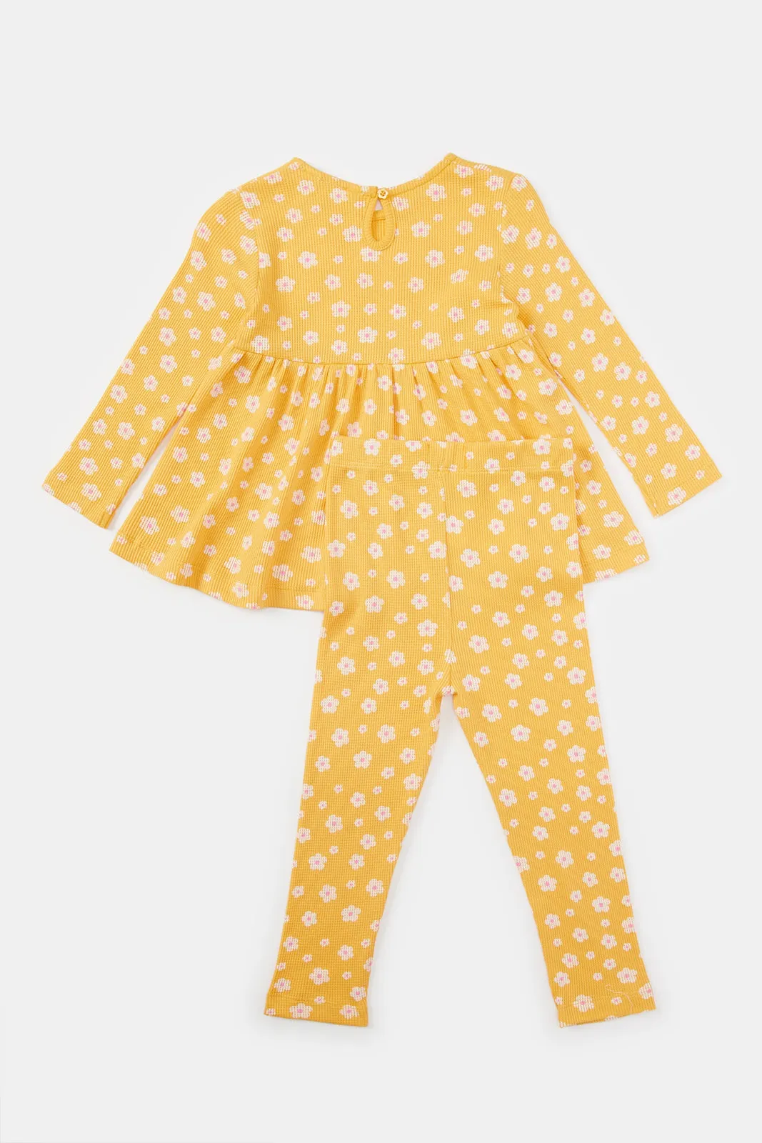 Infant Girls Mustard All Over Print Waffle Casual Set (2 Piece)