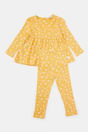 Infant Girls Mustard All Over Print Waffle Casual Set (2 Piece)