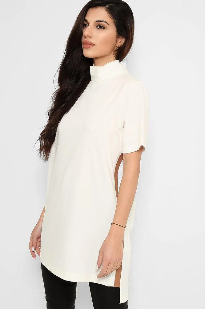 Ivory Beige Side Stripe High Neck Tunic