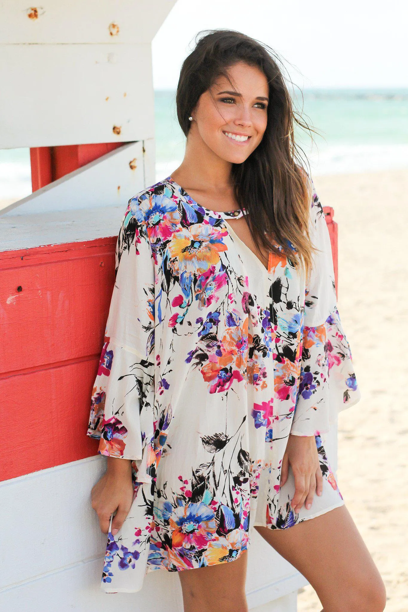 Ivory Floral Tunic with Bell Sleeves