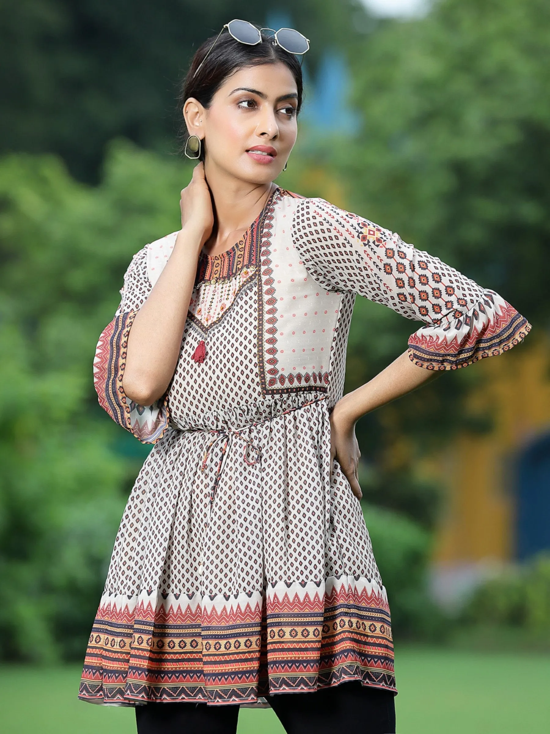 Ivory Georgette Printed Peplum Tunic