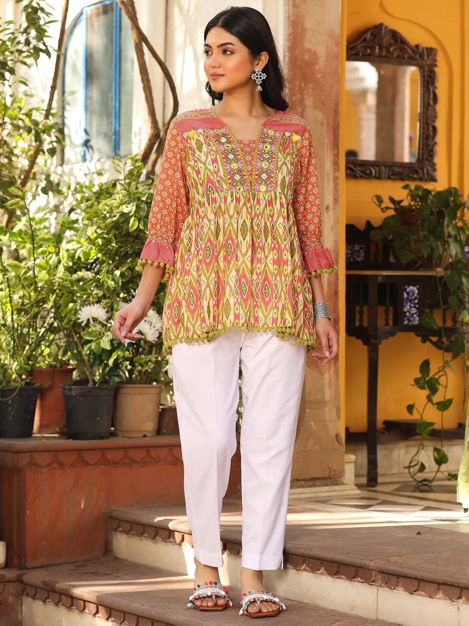 Jashvi Green Embroidered Cotton Voile Peplum Tunic