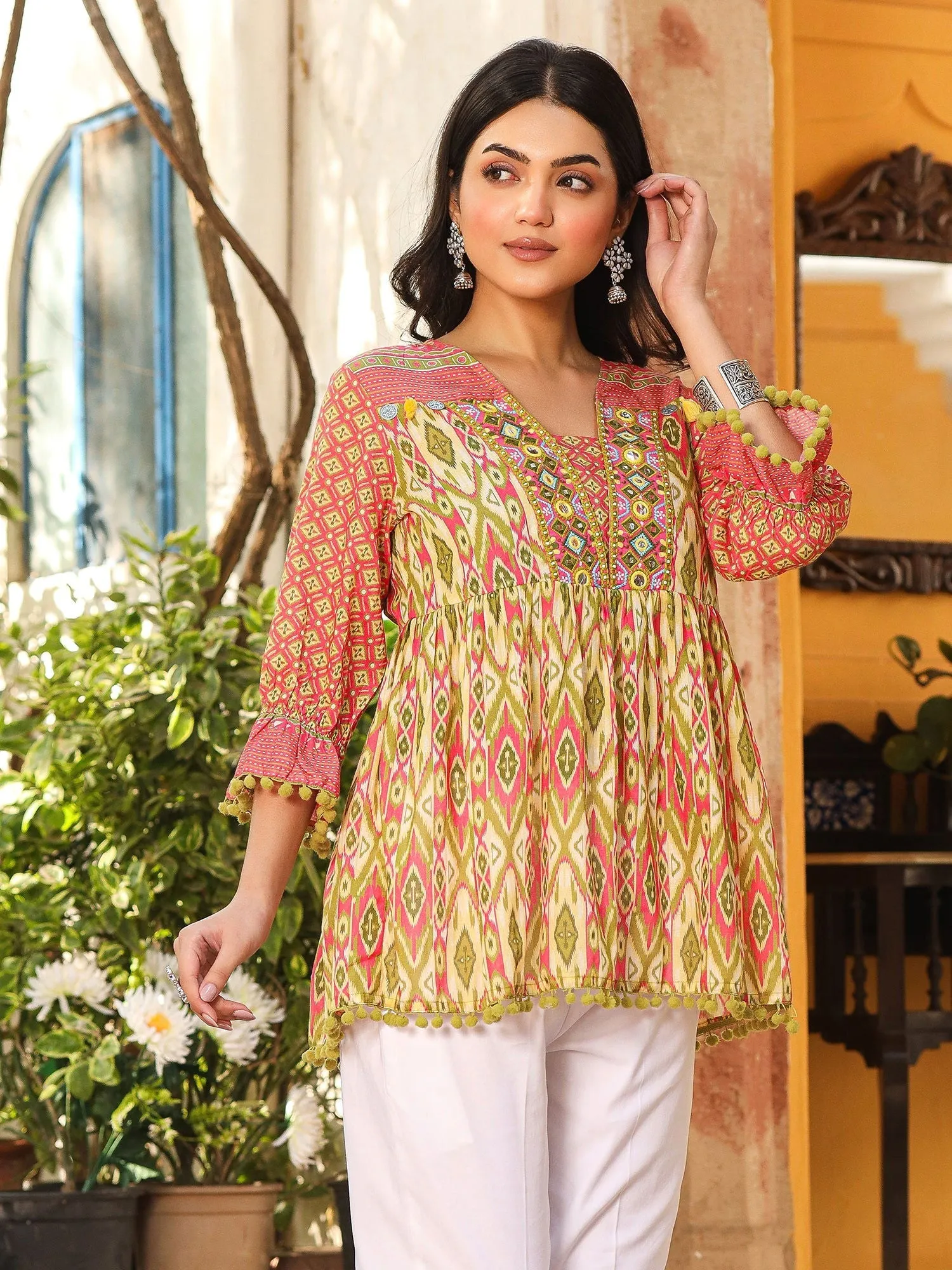 Jashvi Green Embroidered Cotton Voile Peplum Tunic