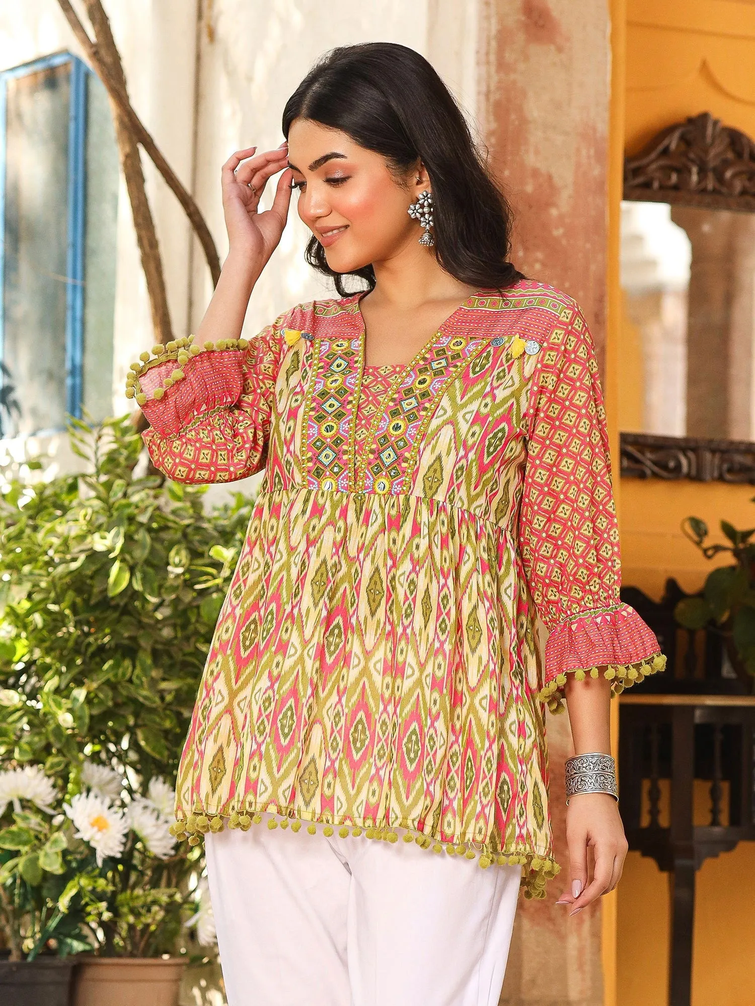 Jashvi Green Embroidered Cotton Voile Peplum Tunic