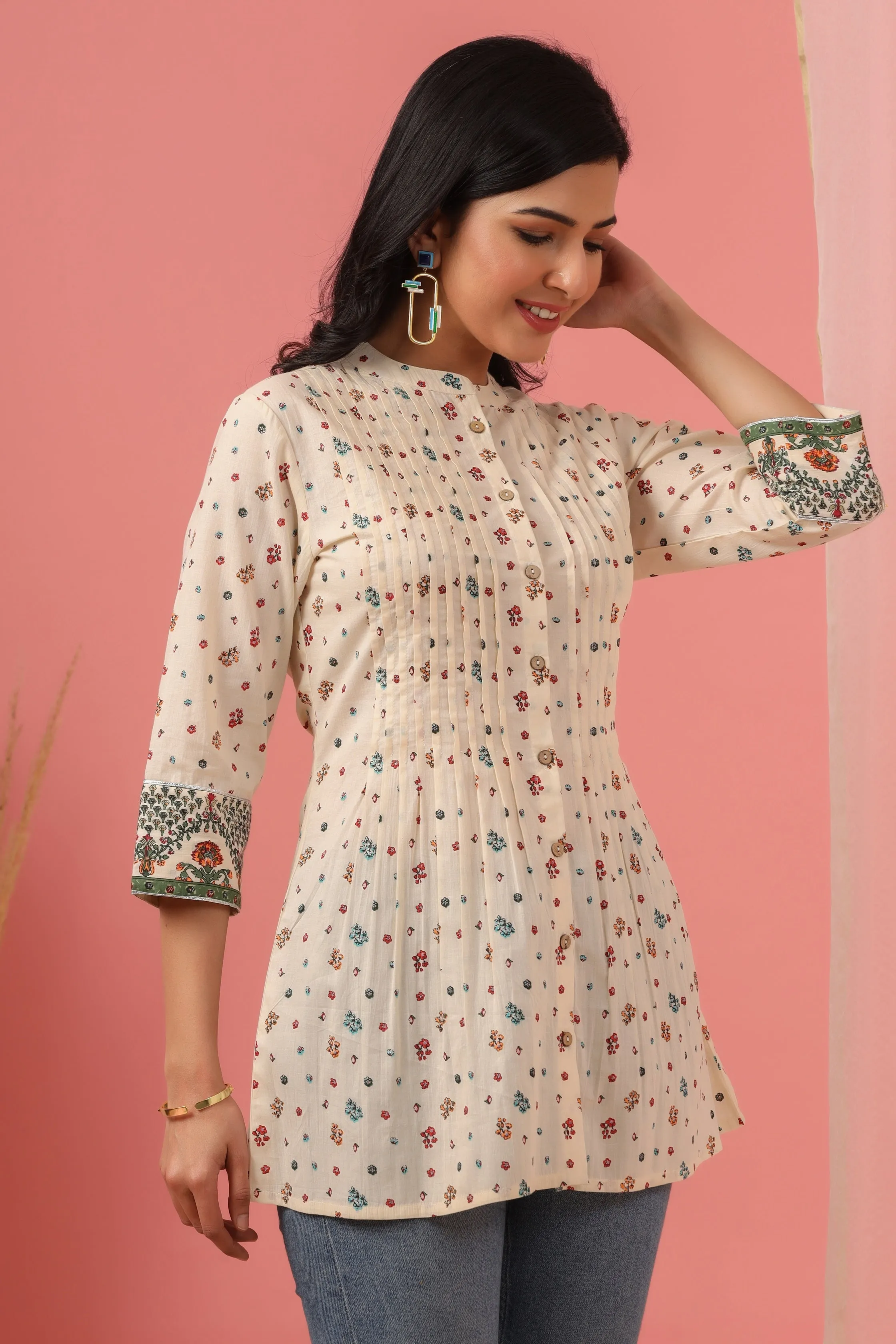 Jashvi Ivory Floral Printed Pure Cotton A-Line Tunic.