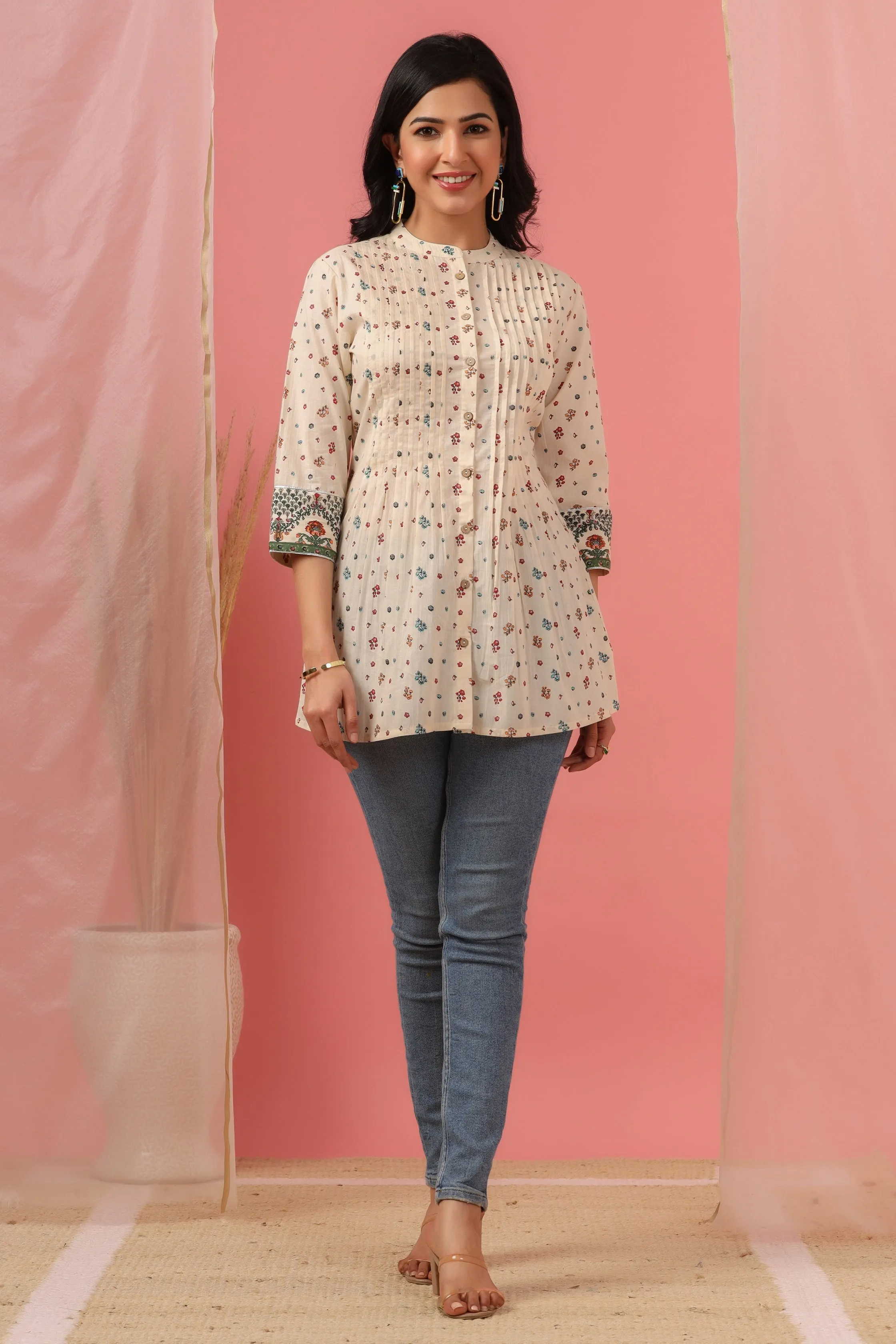 Jashvi Ivory Floral Printed Pure Cotton A-Line Tunic.