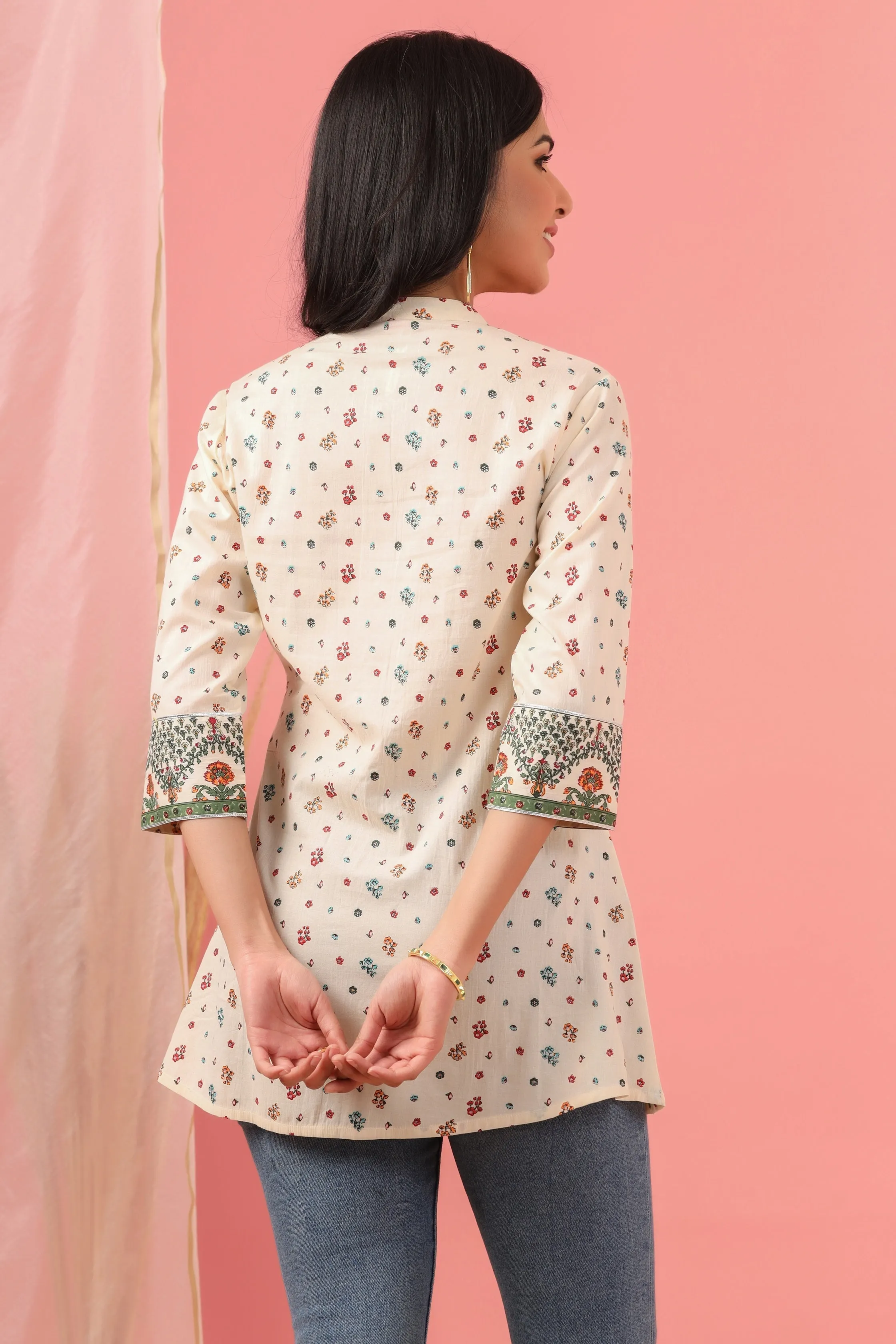 Jashvi Ivory Floral Printed Pure Cotton A-Line Tunic.