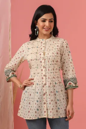 Jashvi Ivory Floral Printed Pure Cotton A-Line Tunic.