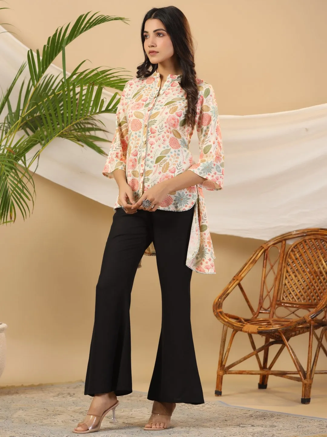 Jashvi Ivory Floral Printed Rayon High-Low Tunic With Lace Work