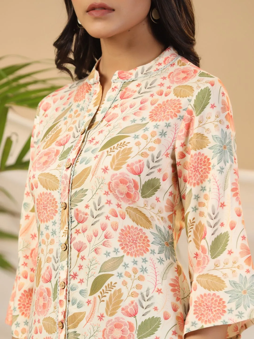 Jashvi Ivory Floral Printed Rayon High-Low Tunic With Lace Work