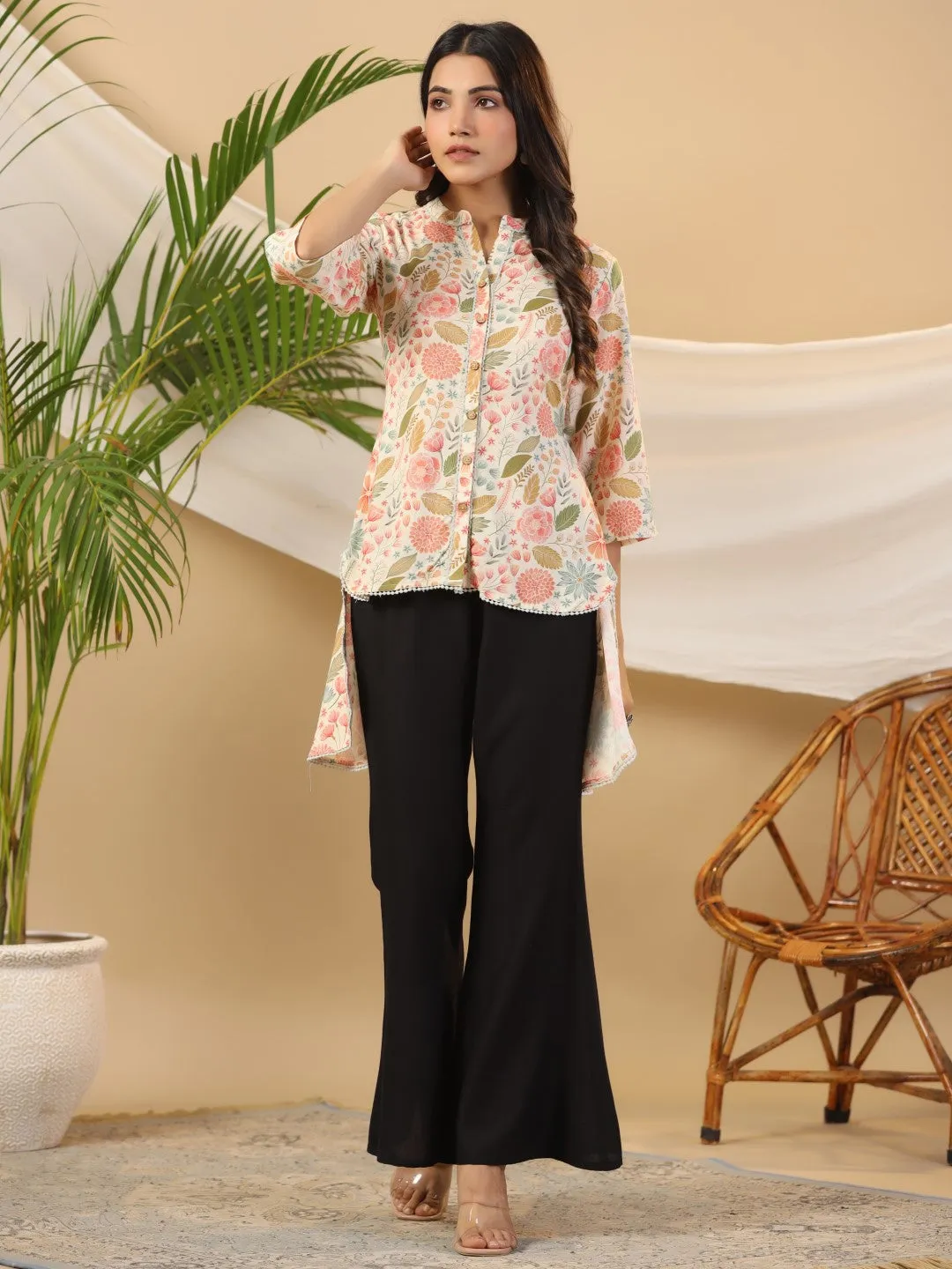 Jashvi Ivory Floral Printed Rayon High-Low Tunic With Lace Work