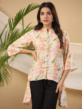 Jashvi Ivory Floral Printed Rayon High-Low Tunic With Lace Work