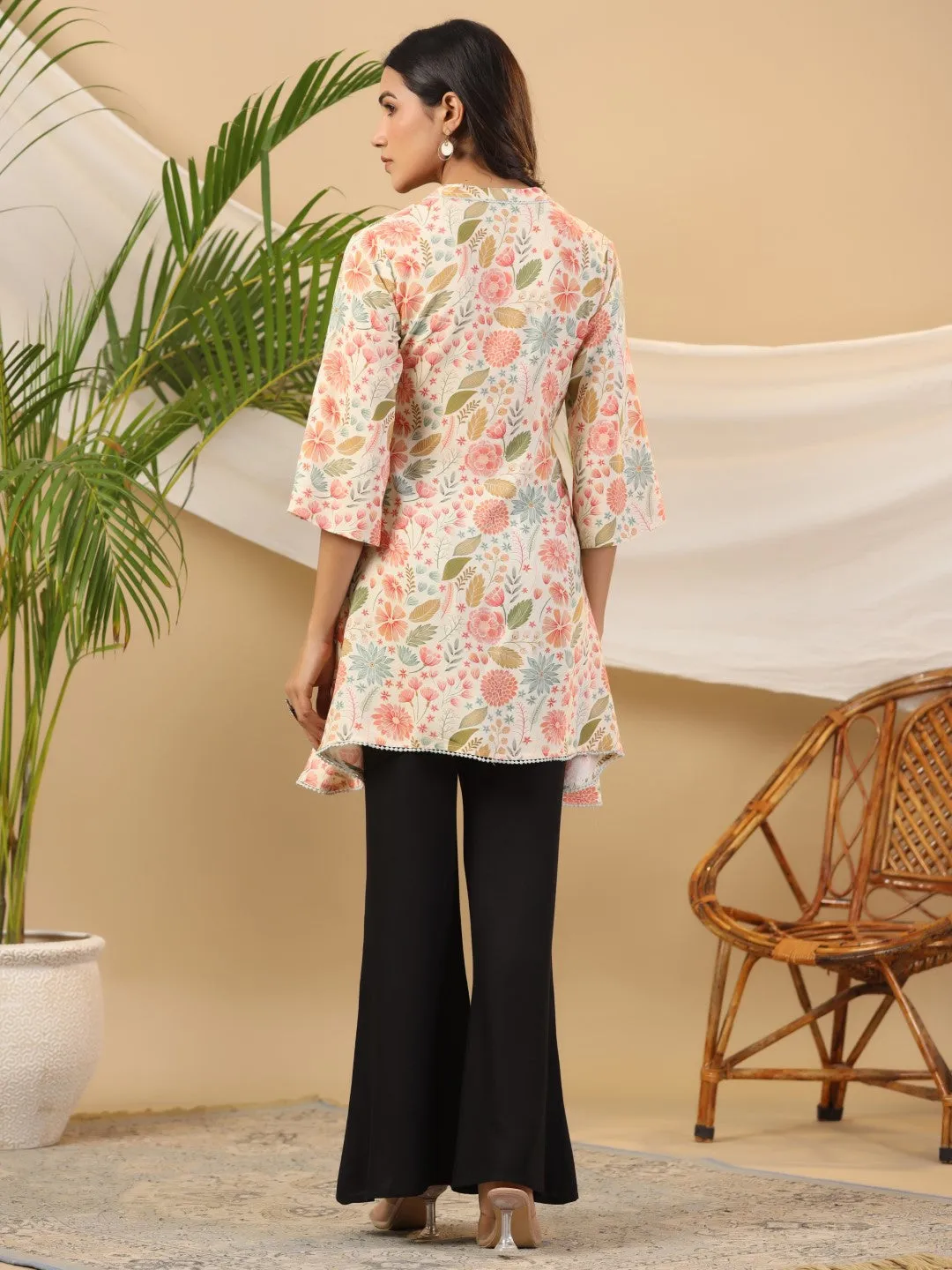 Jashvi Ivory Floral Printed Rayon High-Low Tunic With Lace Work