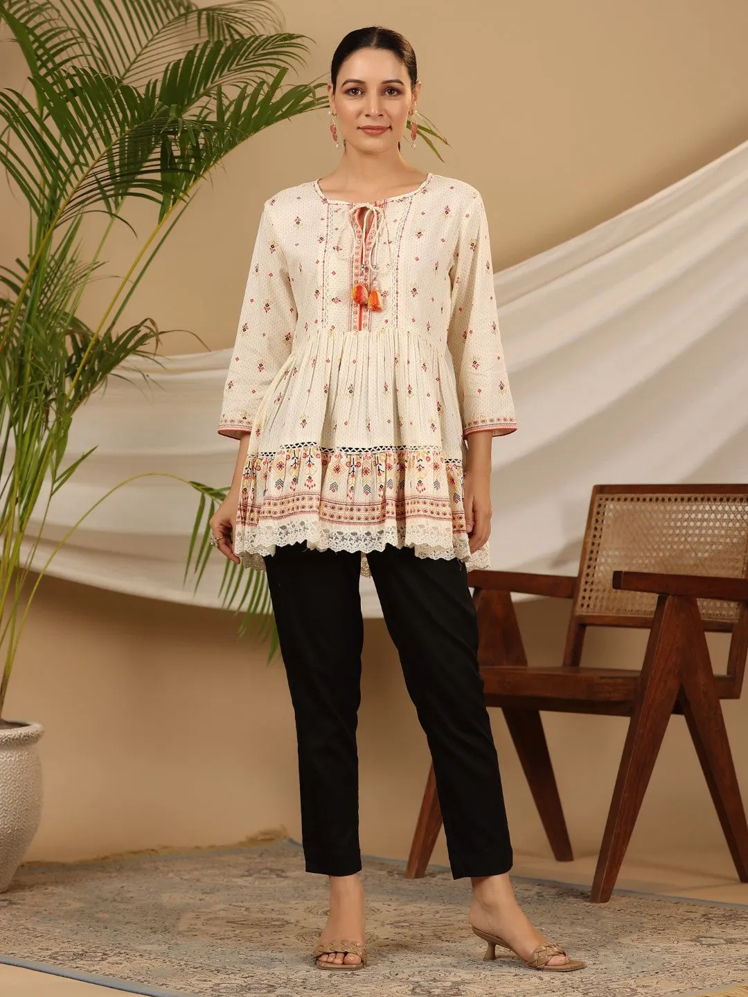 Jashvi Ivory Geometric Printed Rayon Tunic With Beads & Sequins