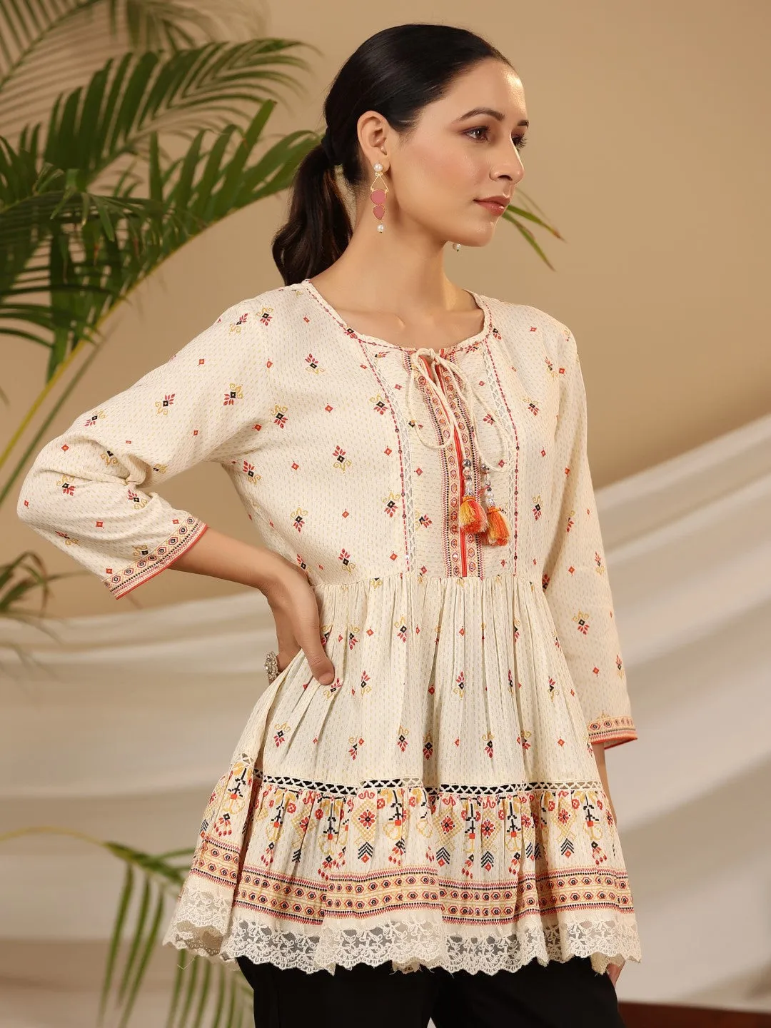 Jashvi Ivory Geometric Printed Rayon Tunic With Beads & Sequins