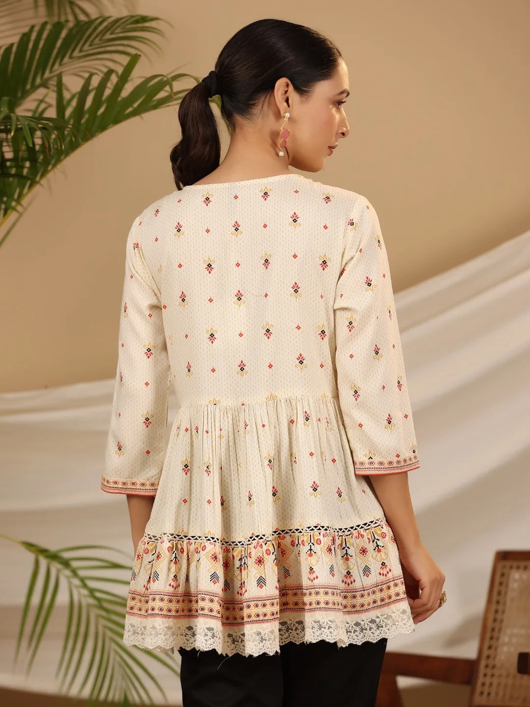 Jashvi Ivory Geometric Printed Rayon Tunic With Beads & Sequins