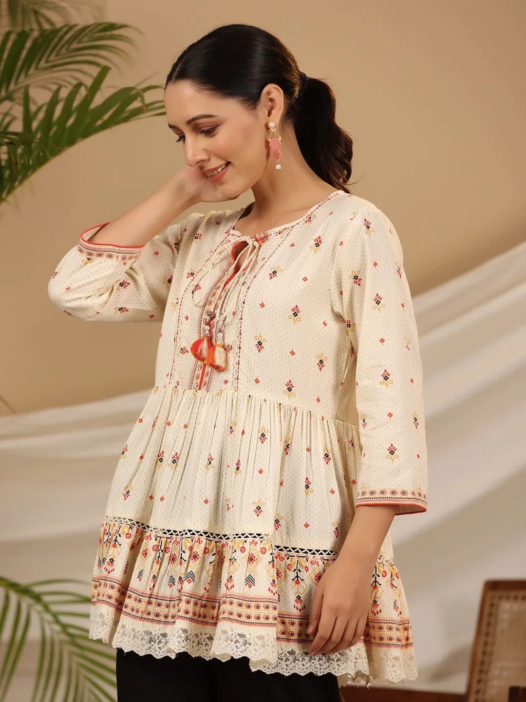 Jashvi Ivory Geometric Printed Rayon Tunic With Beads & Sequins