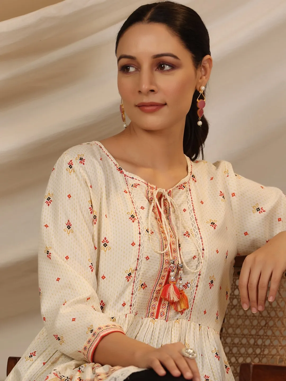 Jashvi Ivory Geometric Printed Rayon Tunic With Beads & Sequins