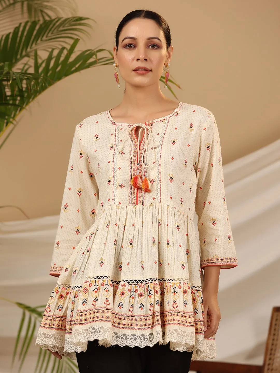 Jashvi Ivory Geometric Printed Rayon Tunic With Beads & Sequins