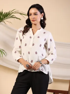 Jashvi Ivory Women Floral Embroidered High-Low Cotton Tunic With Half Placket