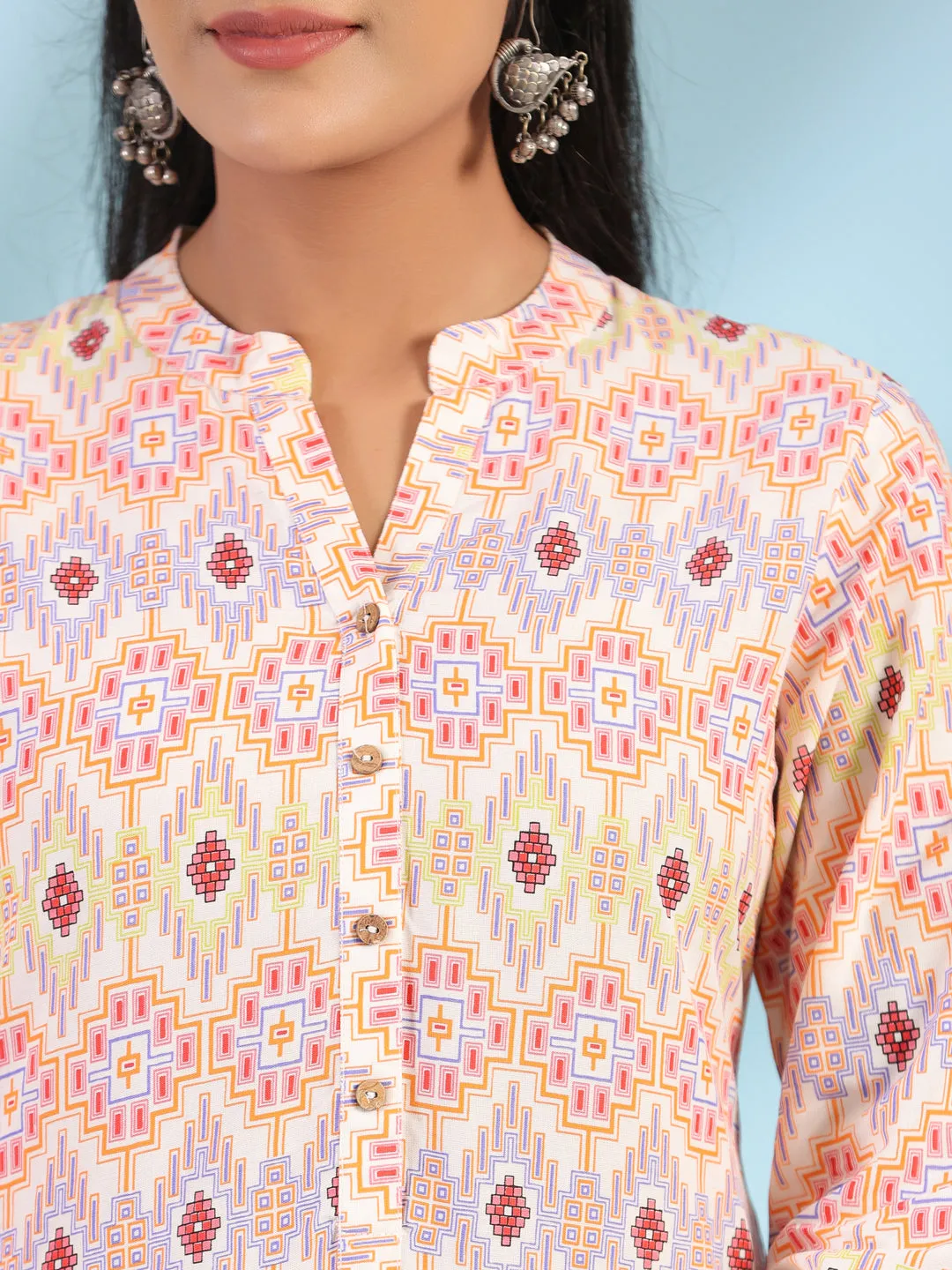 Jashvi The Crafted Geometrics Ivory Geometric Printed Rayon Tunic