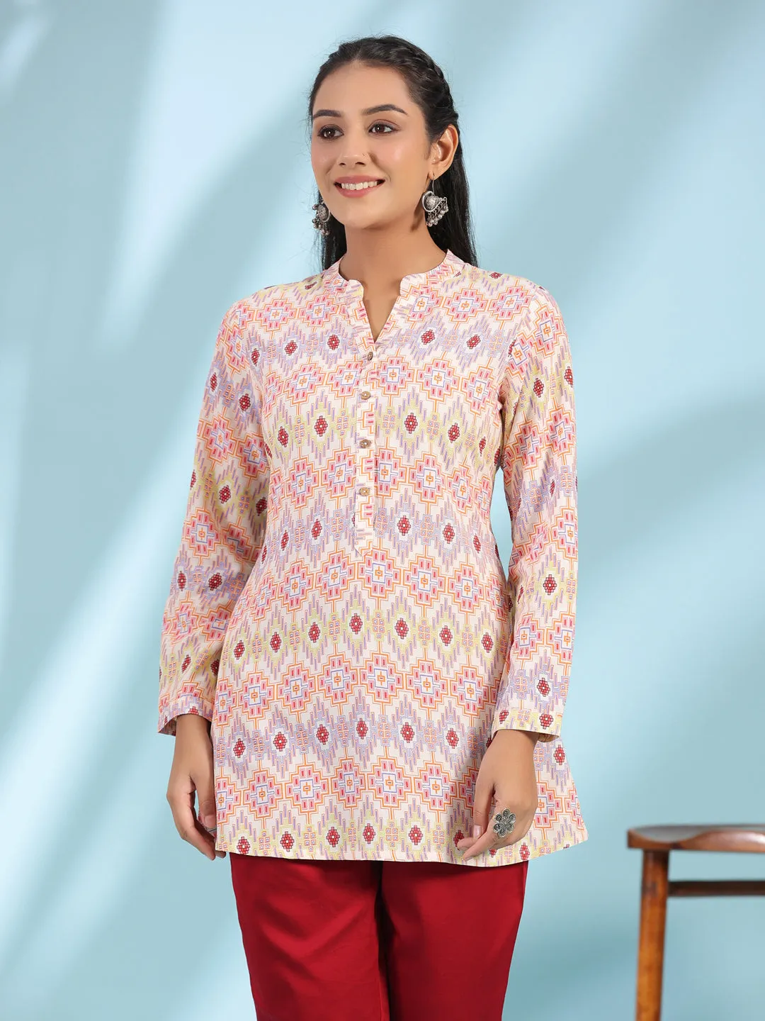 Jashvi The Crafted Geometrics Ivory Geometric Printed Rayon Tunic