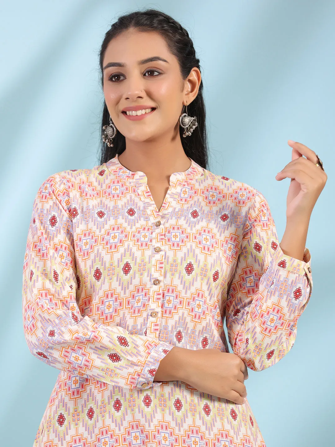 Jashvi The Crafted Geometrics Ivory Geometric Printed Rayon Tunic