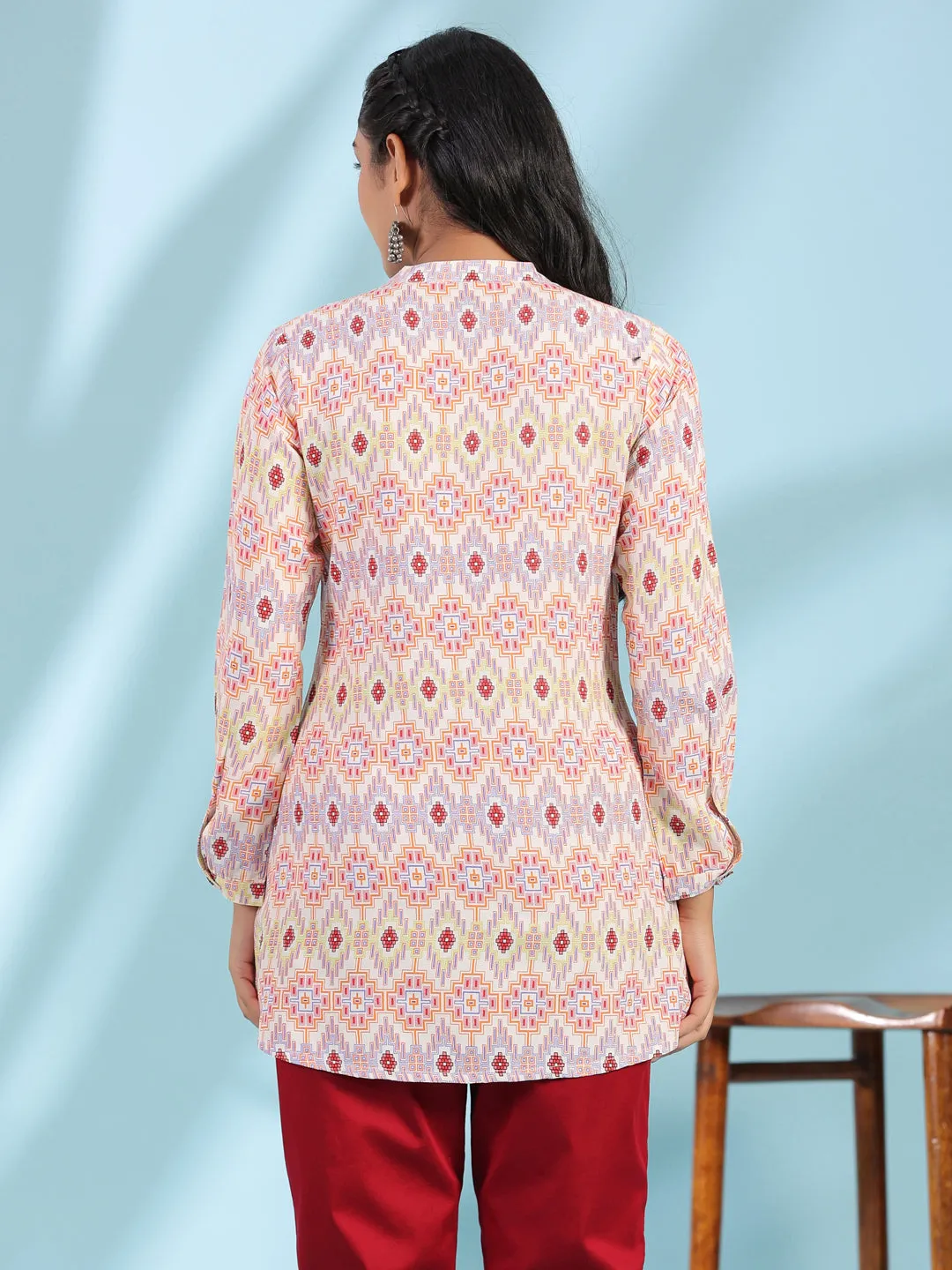 Jashvi The Crafted Geometrics Ivory Geometric Printed Rayon Tunic