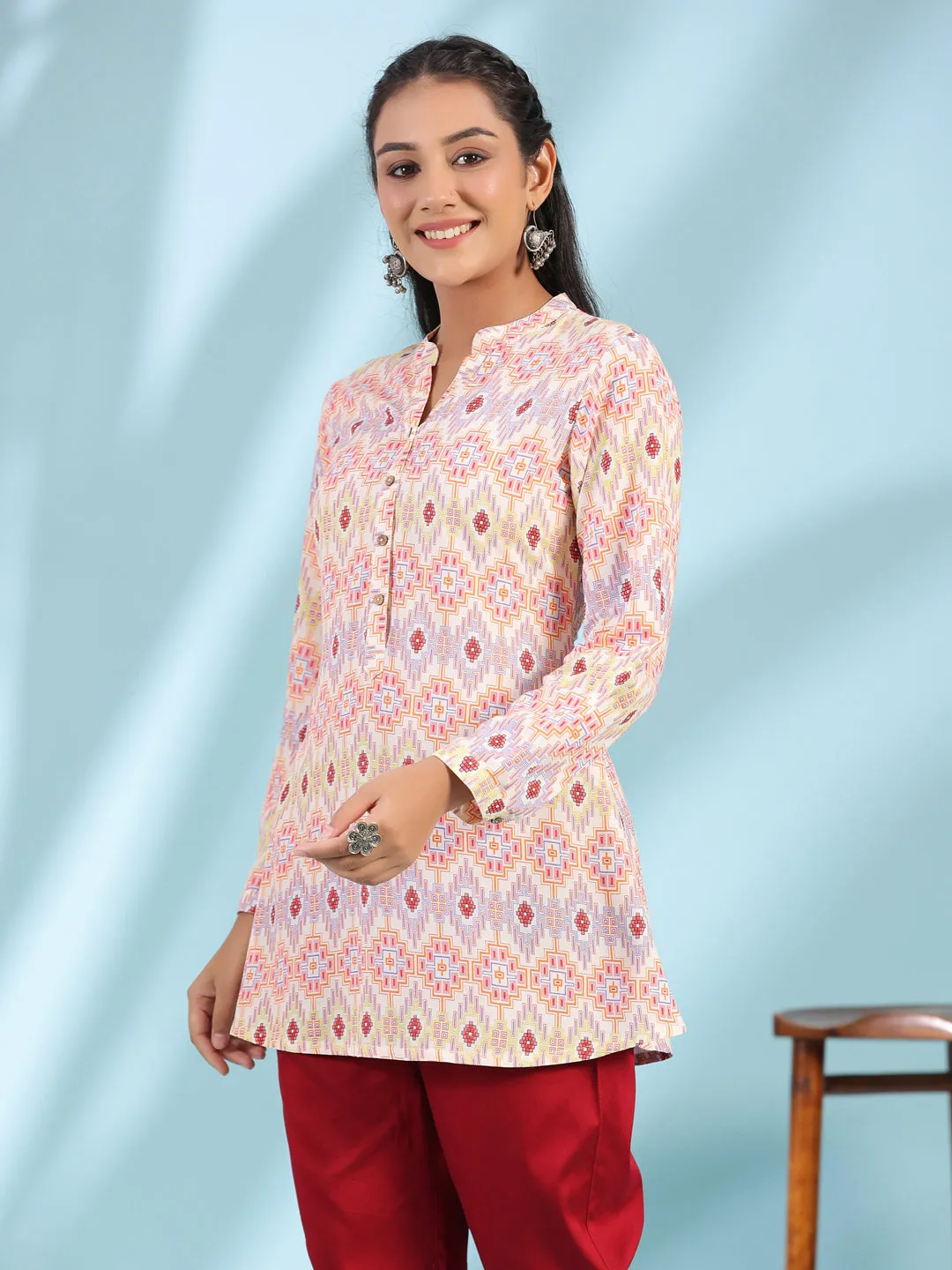 Jashvi The Crafted Geometrics Ivory Geometric Printed Rayon Tunic