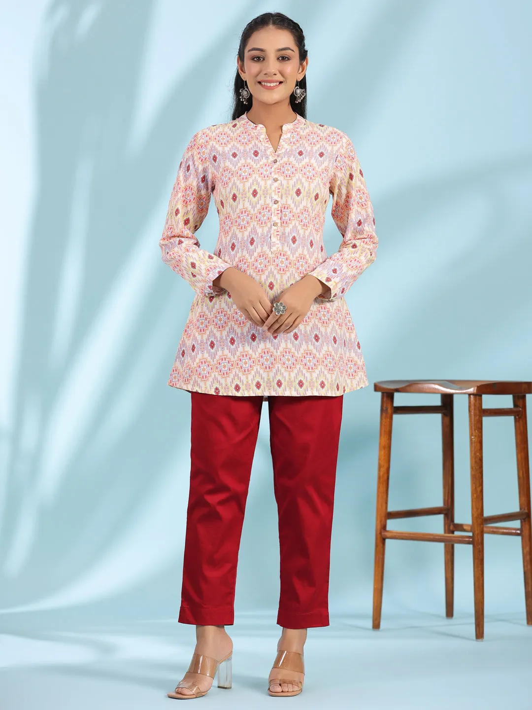 Jashvi The Crafted Geometrics Ivory Geometric Printed Rayon Tunic