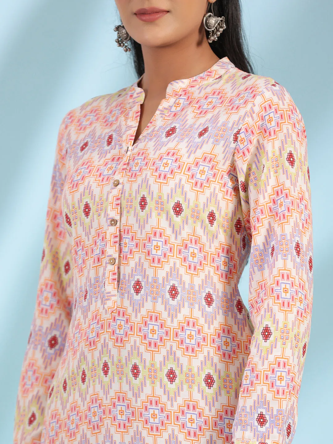 Jashvi The Crafted Geometrics Ivory Geometric Printed Rayon Tunic