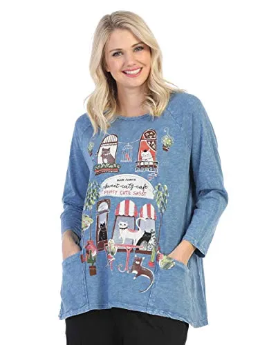 Jess & Jane - Cat Cafe, Mineral Washed, Cotton Sublimation, Patch Pocket Tunic Top