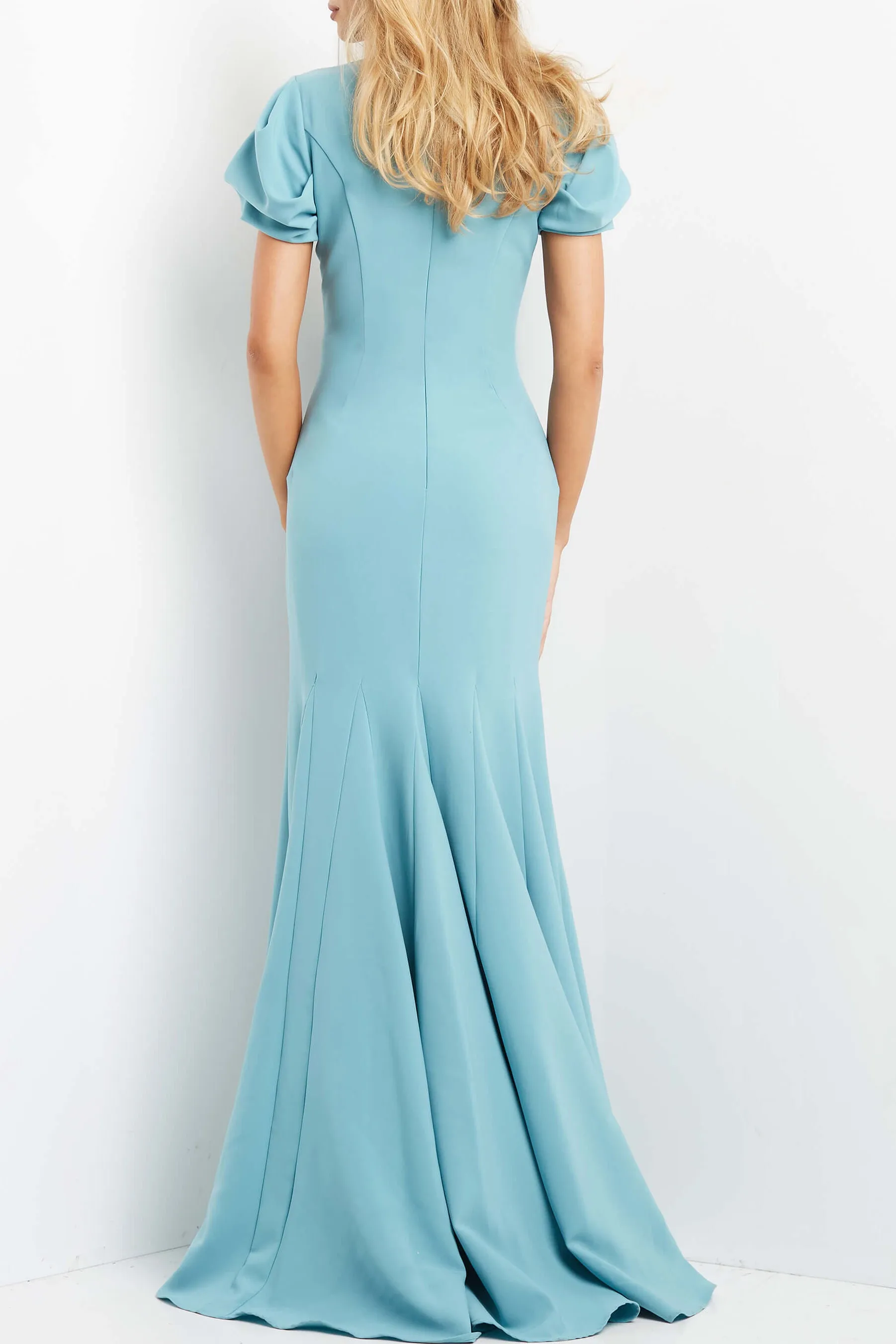 Jovani V-neck short bodycon zipper closure slit front scuba crepe gown