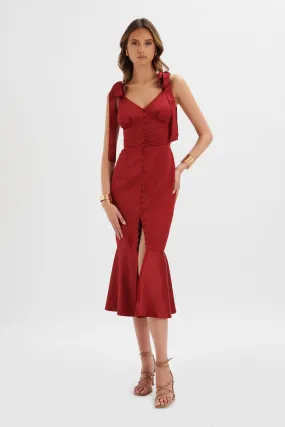 KAMILA Tie Strap Micro Button Satin Midi Dress in Burgundy