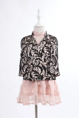 Kids Mao Collar Beige Cape With Black Lace Top Layer