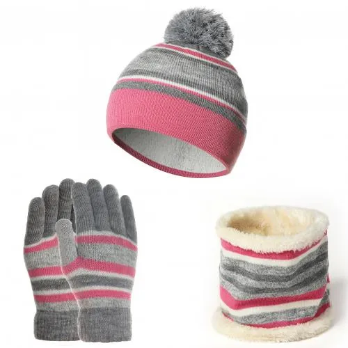 Kids Winter Hats Scarves Gloves Kit Cotton Woolen Yarn Knitted Pompom Hat Warm Beanie Scarves Glove Cotton Three-piece Warm Set