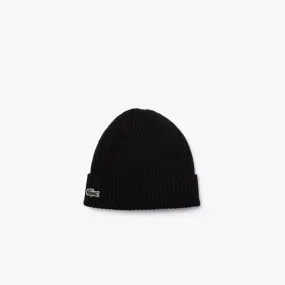 LACOSTE RIBBED WOOL BEANIE  - BLACK