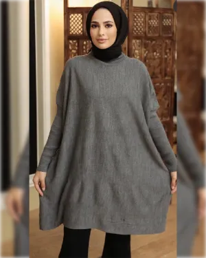 Layla Woolen - Knee Length Tunic in Gray Shade سترة ليلى الطويلة من قماش الصوف الناعم  باللون الرمادي الجميل