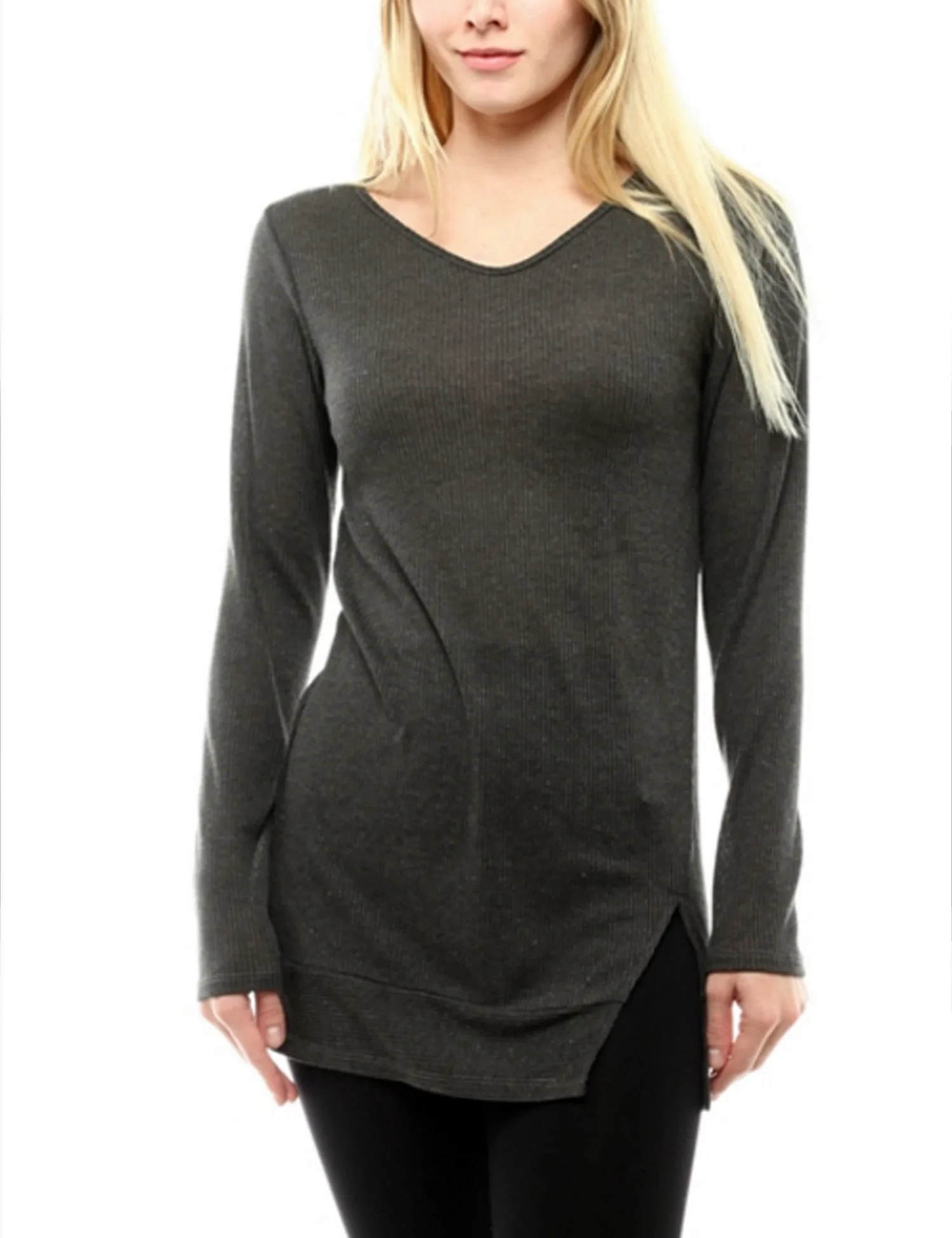 Long Sleeve Ribbed Knit V Neck Front Slit Top T Shirt