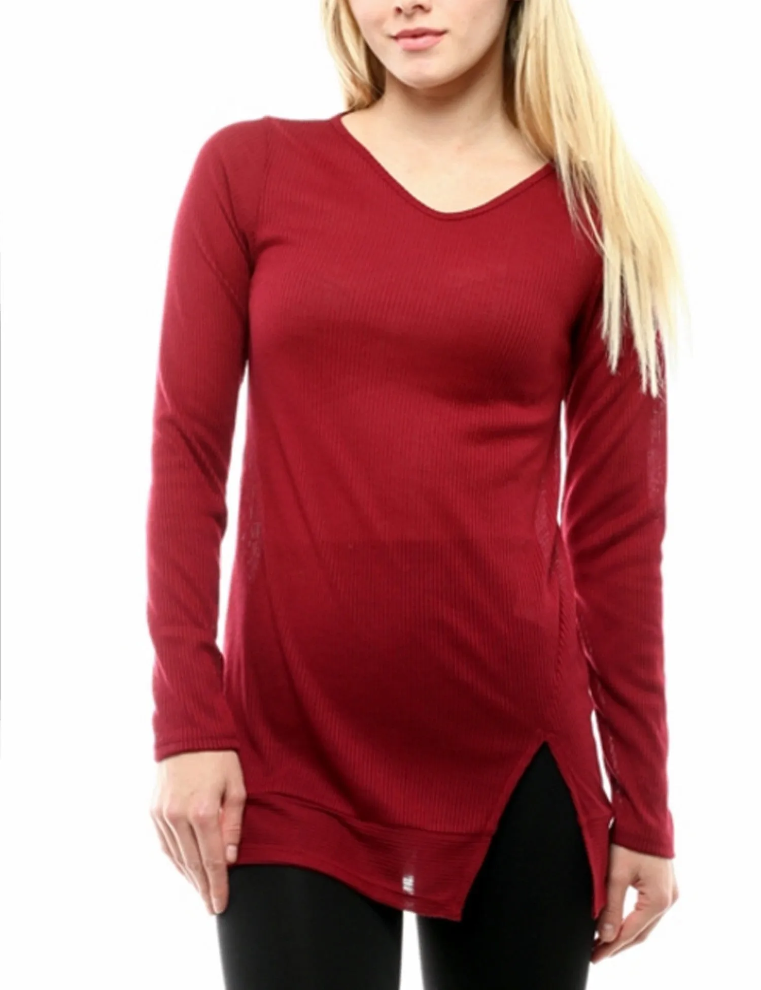 Long Sleeve Ribbed Knit V Neck Front Slit Top T Shirt