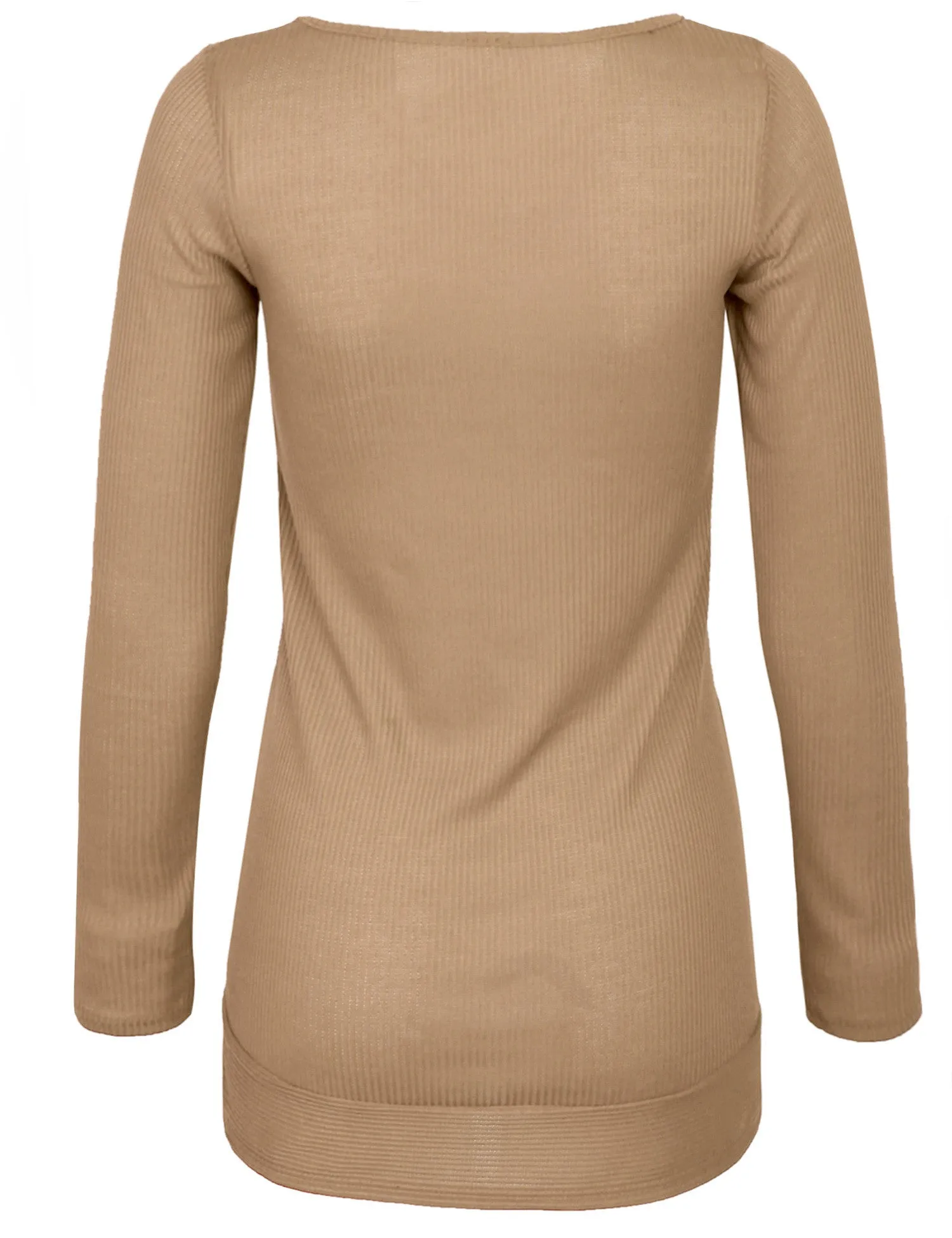 Long Sleeve Ribbed Knit V Neck Front Slit Top T Shirt