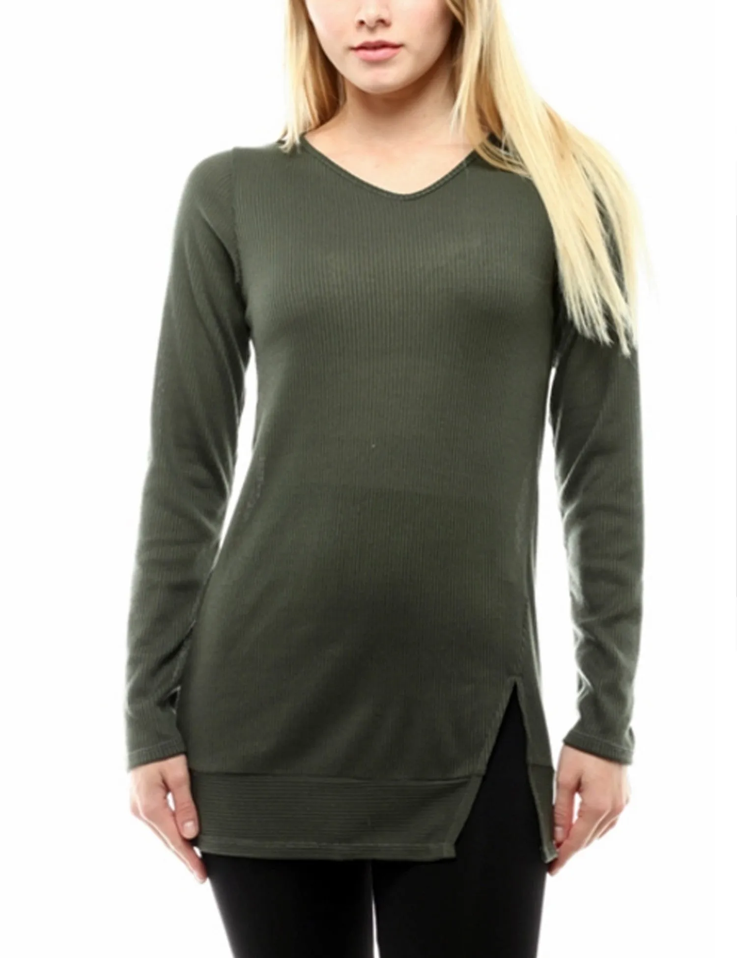 Long Sleeve Ribbed Knit V Neck Front Slit Top T Shirt