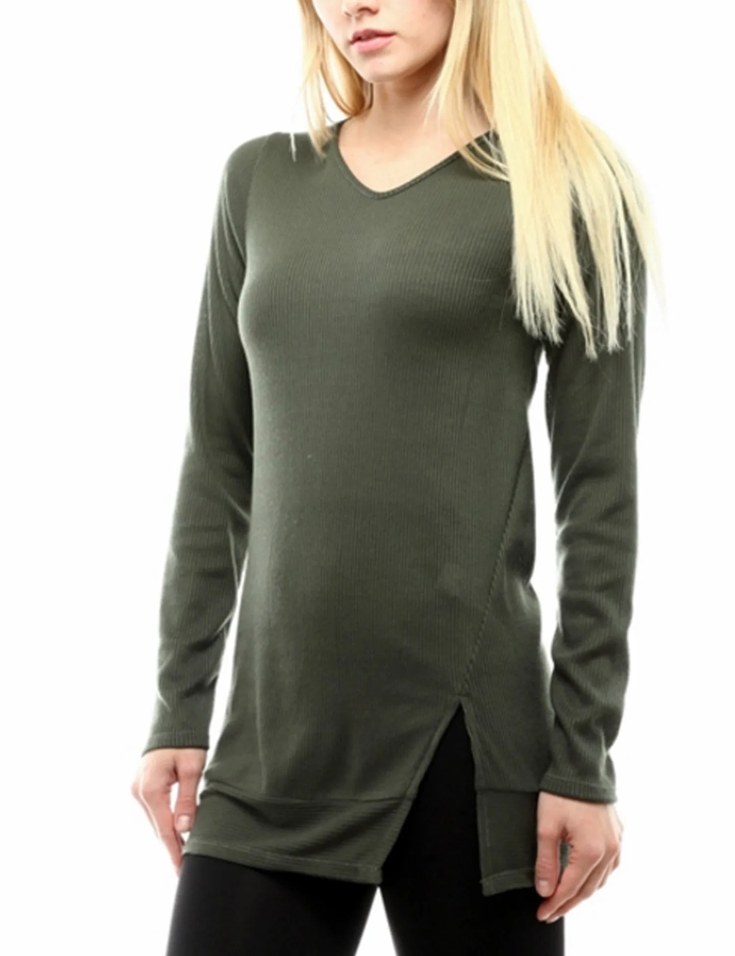 Long Sleeve Ribbed Knit V Neck Front Slit Top T Shirt