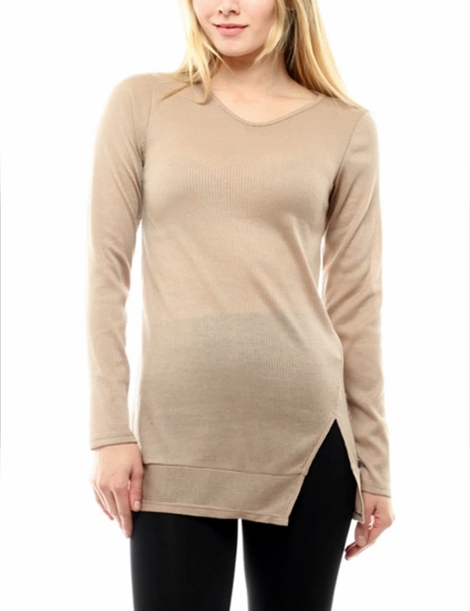 Long Sleeve Ribbed Knit V Neck Front Slit Top T Shirt