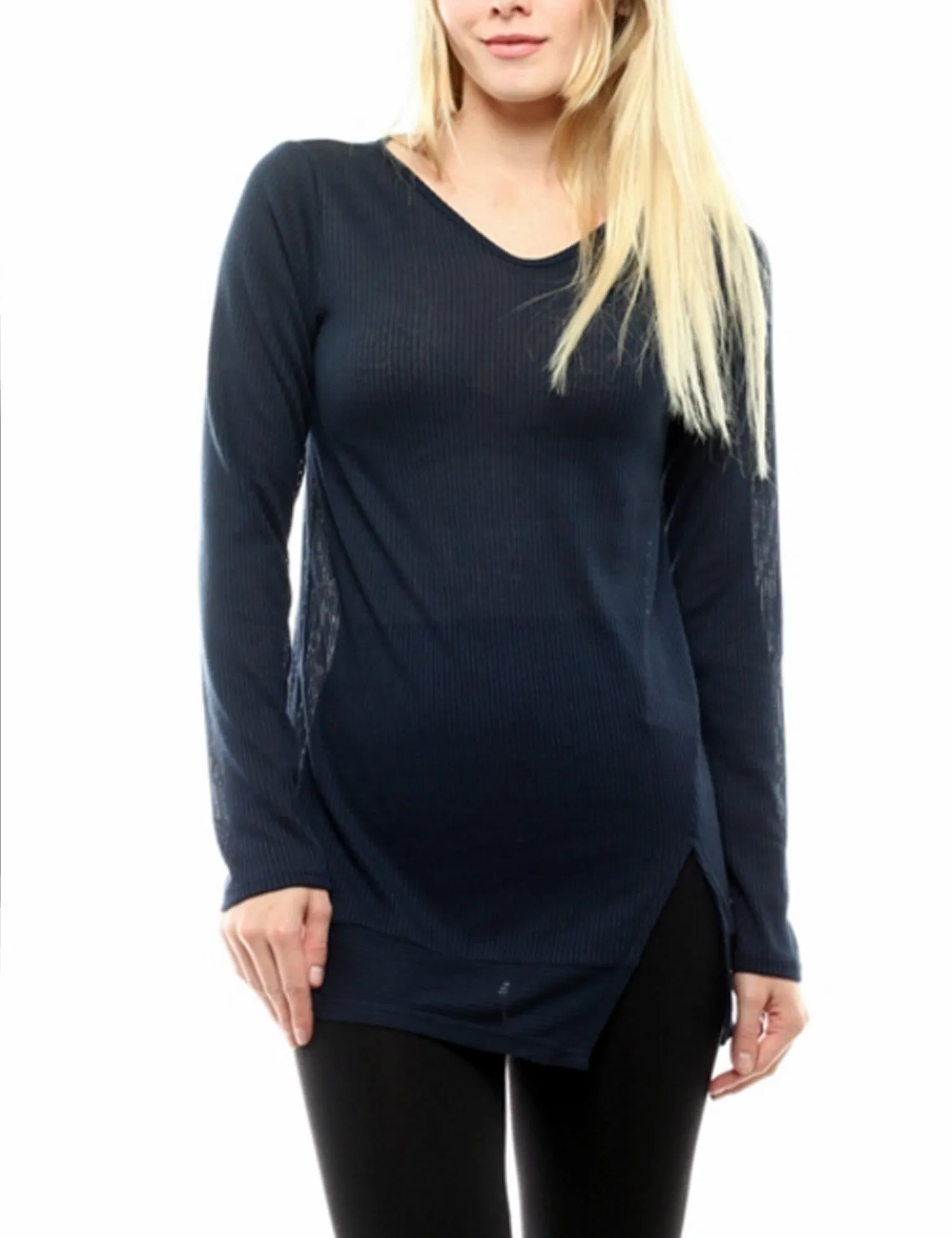 Long Sleeve Ribbed Knit V Neck Front Slit Top T Shirt