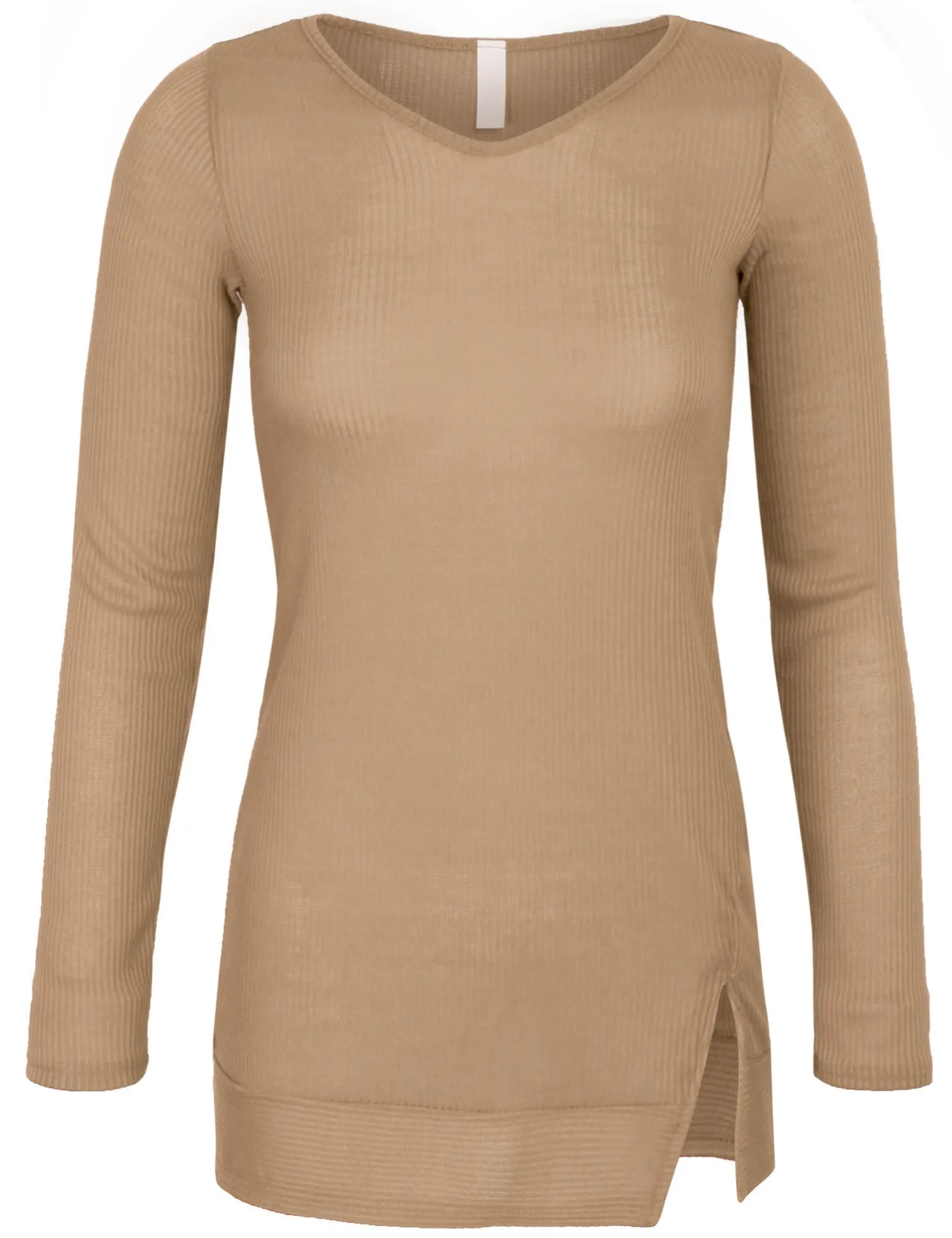 Long Sleeve Ribbed Knit V Neck Front Slit Top T Shirt