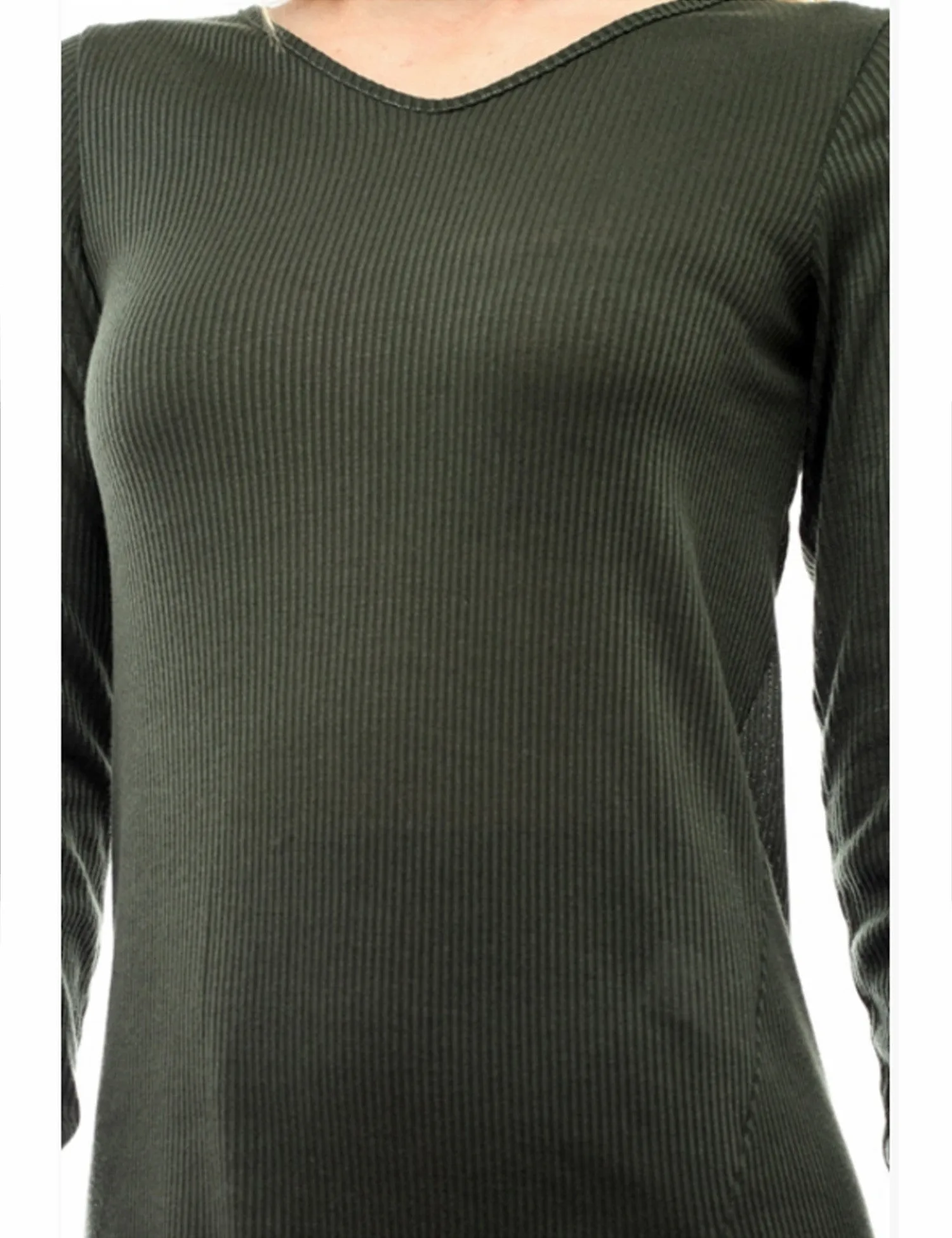 Long Sleeve Ribbed Knit V Neck Front Slit Top T Shirt