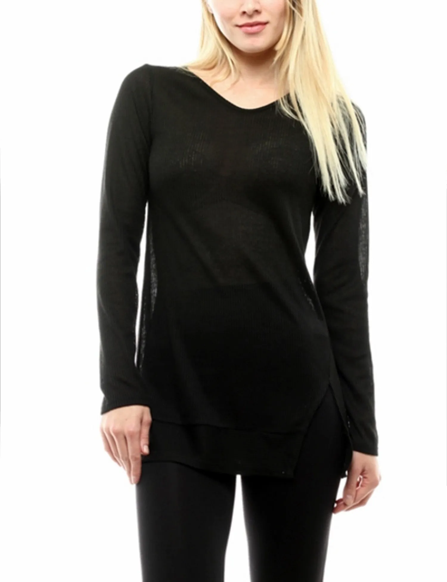 Long Sleeve Ribbed Knit V Neck Front Slit Top T Shirt